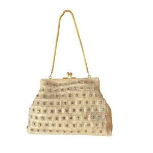 Vintage Beaded Evening Bag Aurora Borealis Rhinestone Gold Chain Clutch Cream